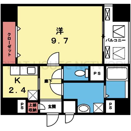 洋室9.7帖の南東向き1K