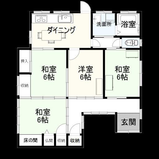 和室3部屋と洋室1部屋の4K。ゆったりとした間取りです。