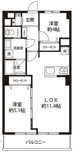 2LDK、価格4580万円、専有面積51.41m2、バルコニー面積6.5m2