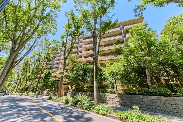 マンション外観。豊かな緑に囲まれた街並み