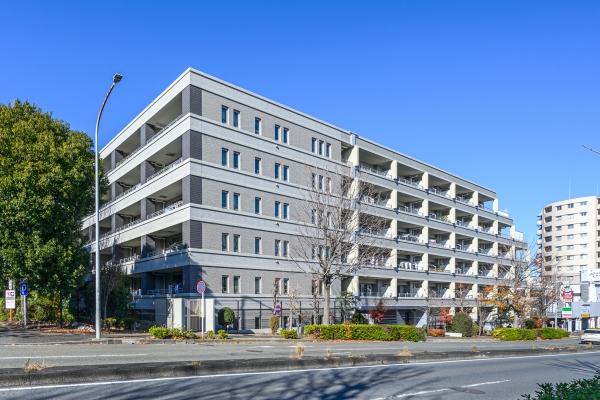 縦横の重厚なラインとシックな色合いの天然石から構築される外観ファサード