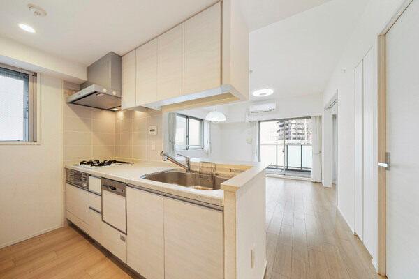 ご家族とおしゃべりをしながら家事が可能です。配膳がしやすいカウンターが備え付けられています。