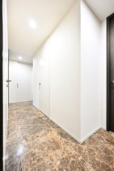 上品でモダンな雰囲気の玄関。カウンター付きの下足入に加え、シューズインクローゼットが備わっています。