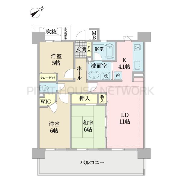 間口が広く、リビング／和室／洋室（１部屋）が、南東向きです。