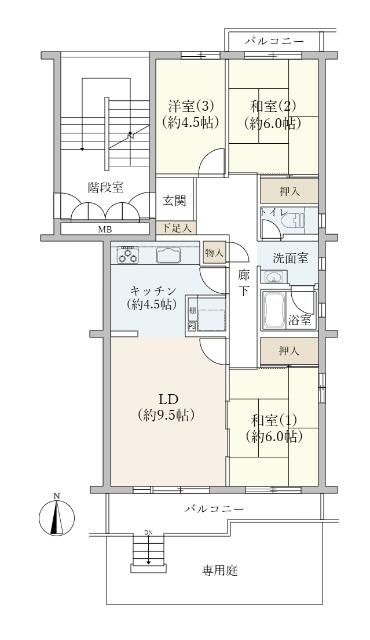 専有面積77.3㎡、バルコニー10.47㎡、専用庭24㎡
