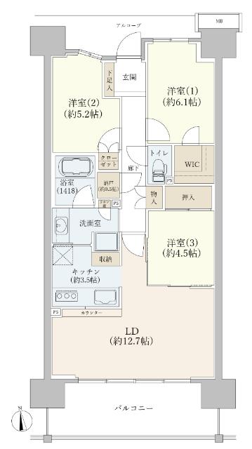 74.11㎡、前面棟なし、開放型サッシでリビングが広く感じる間取り