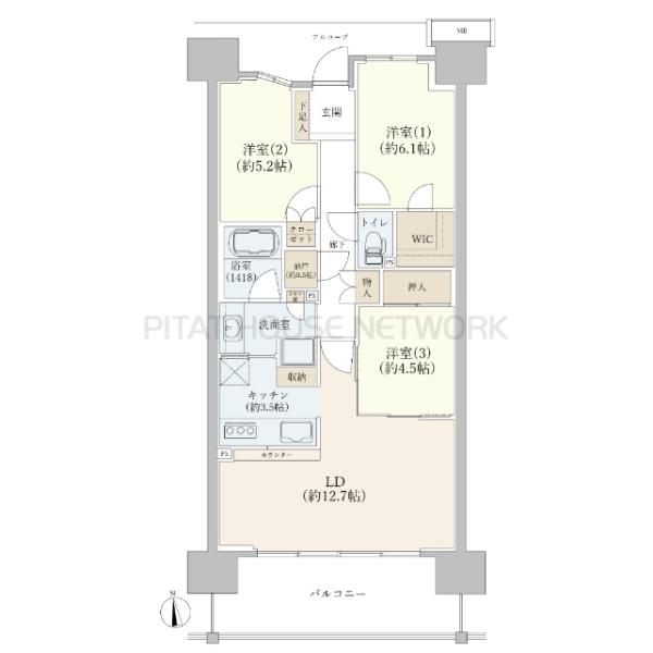 74.11㎡、前面棟なし、開放型サッシでリビングが広く感じる間取り
