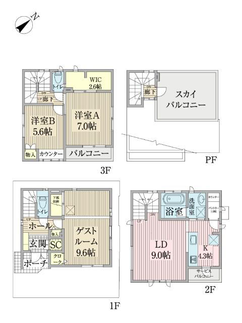 スカイバルコニーのある３階建