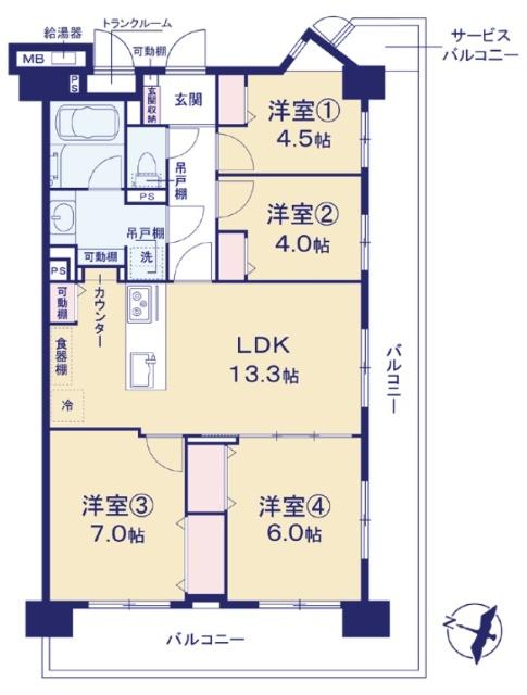 専有面積78.02平米の4LDKゆったりとした間取りです