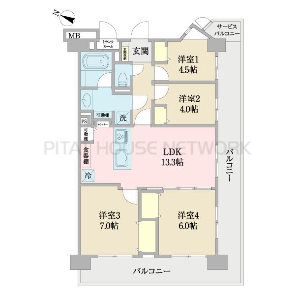 専有面積78.02平米の4LDKゆったりとした間取りです