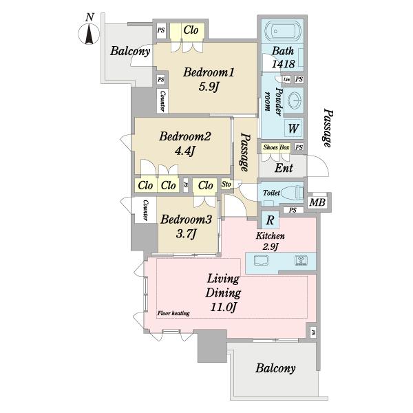 クランクイン玄関を採用しており、玄関から室内が見えにくい間取り