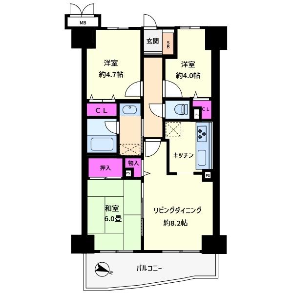 3LDK（専有面積：57.00㎡、バルコニー面積：9.12㎡）