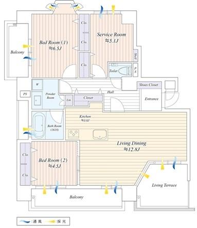 2LDK+S（納戸）、価格1億2900万円、専有面積77.45m2、バルコニー面積10.33m2