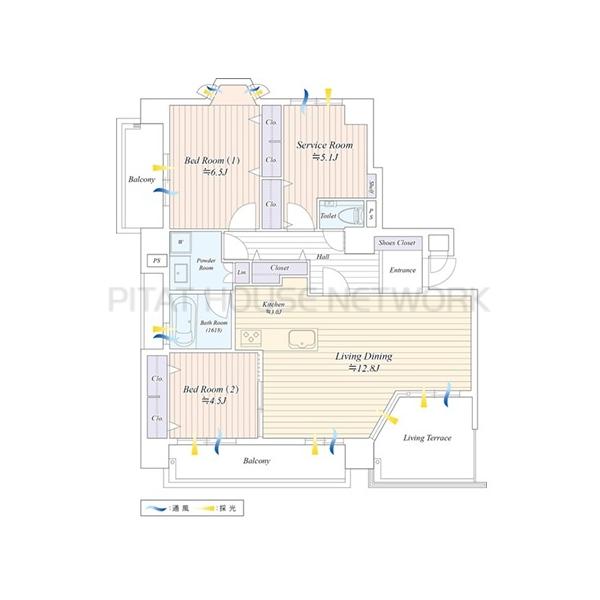 2LDK+S（納戸）、価格1億2900万円、専有面積77.45m2、バルコニー面積10.33m2