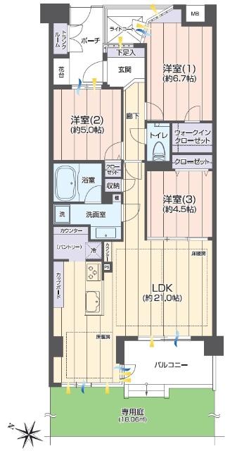 3LDK、専有面積78.94m2、バルコニー面積7.3m2