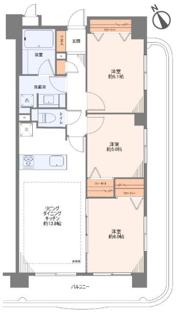 3LDK、専有面積70.17m2、バルコニー面積24.97m2