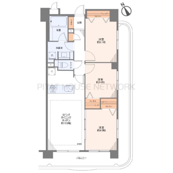 3LDK、専有面積70.17m2、バルコニー面積24.97m2
