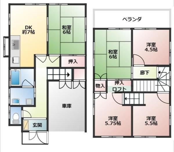 和室2部屋、洋室3部屋の5DK。全室２面採光。
