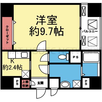 洋室9.7帖の南東向き1K