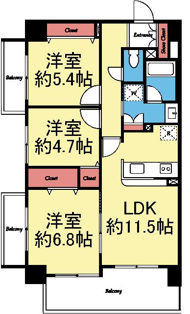 2面採光角部屋の3LDK