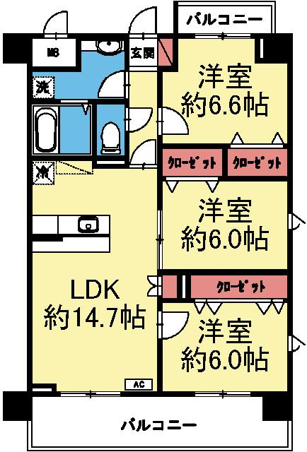 全室洋室の南西向き角部屋