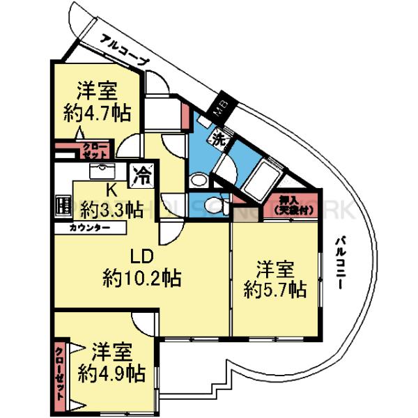 南東向き北西角部屋