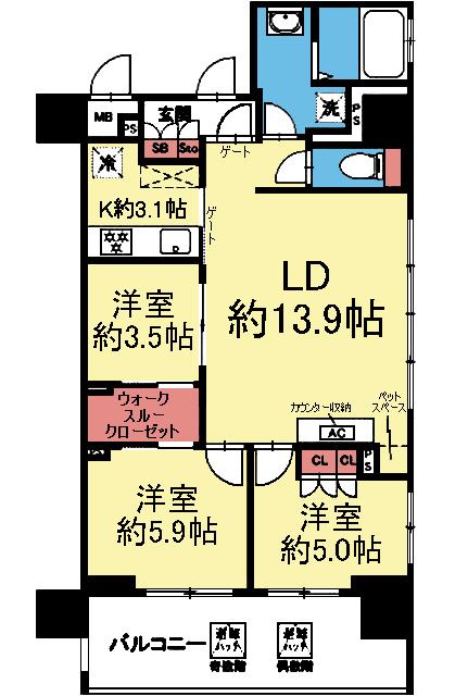 全室フローリングの3LDK