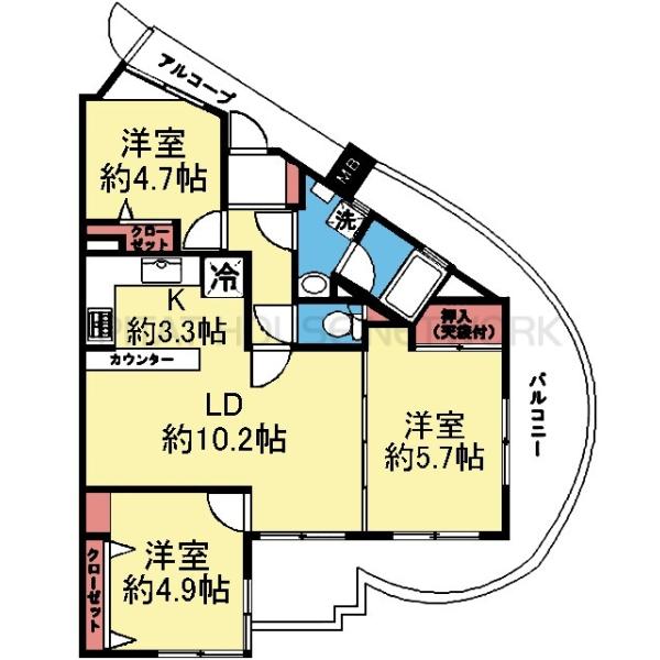 南東向き北西角部屋