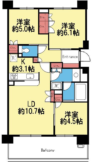 全室洋室の南向き3LDK