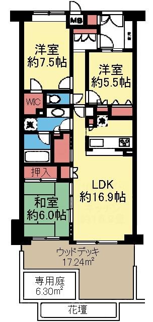 ウッドデッキ付き3LDK
