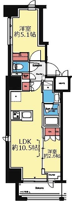 三方角部屋の2LDK