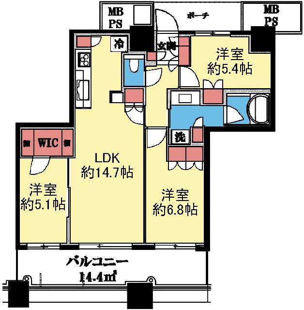 全室洋室の西向き3LDK