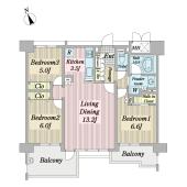 ３LDK　74.26㎡　南面に2部屋