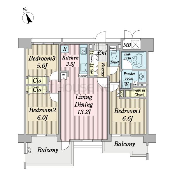 ３LDK　74.26㎡　南面に2部屋