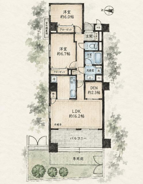 【ペット可×角部屋専用庭付】ジュエリアス横浜新子安（206） 間取り図画像