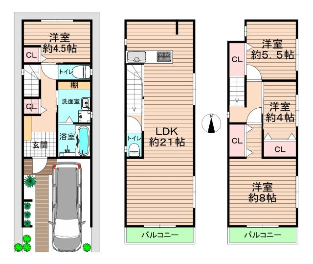 現状更地。今なら自由設計可能です。４LDKのプラン。LDK２階南向き20帖以上で家族団らんのプランです。06-6353-5599