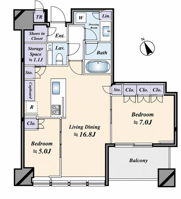 2LDK+S・68.03㎡。床暖房・天井埋込エアコンに加え、食洗機・ディスポーザ・浄水器・カップボード完備。Caesarstone採用の設備が揃う住戸。