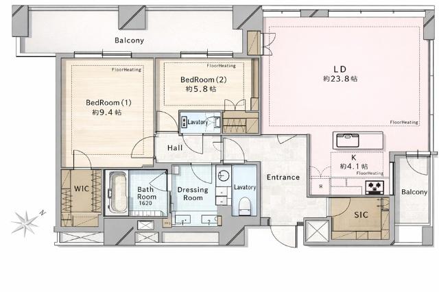 2LDK、価格6億4980万円、専有面積103.69m2、バルコニー面積22.18m2