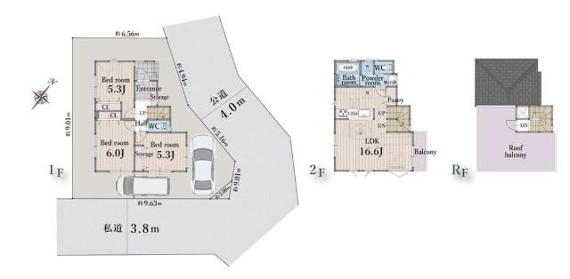 2階建て　81.03㎡　３LDK　ルーフバルコニー付　車2台は車種による。