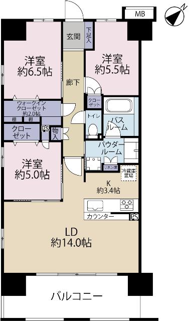 3LDK、専有面積78.04m2、バルコニー面積12.9m2