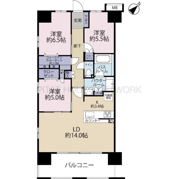 3LDK、専有面積78.04m2、バルコニー面積12.9m2