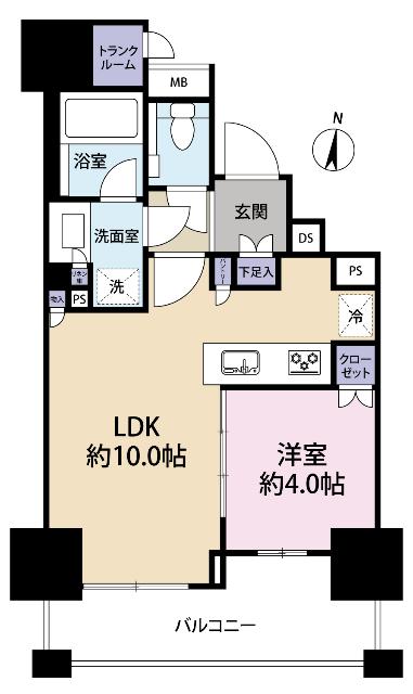 1ＬＤＫの使いやすい間取り。リビングと寝室を分けて使える設計、トランクルーム付きです。