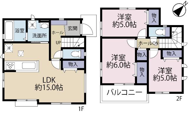 全２棟／Ａ号棟　三方角地の立地 間取り図画像
