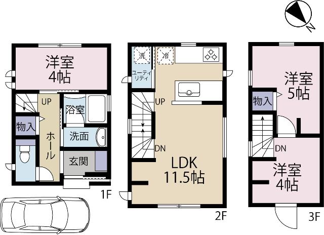 3LDK・58.32㎡の3階建て。2階LDKを中心に、各居室を分けて使いやすい間取りです。