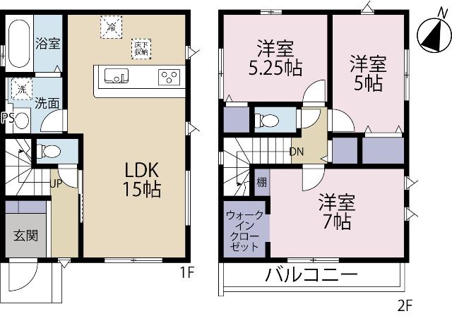 全２棟／２号棟　水廻り集中設計で家事効率向上 間取り図画像