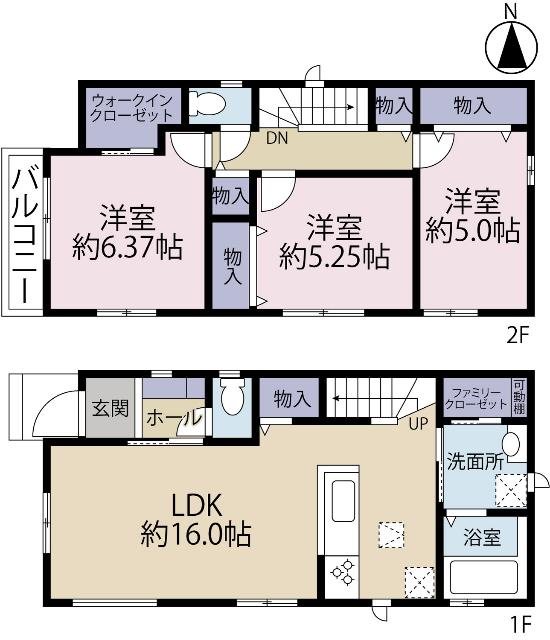 全２棟／Ｂ号棟　洗面横のランドリールームは家事動線◎ 間取り図画像