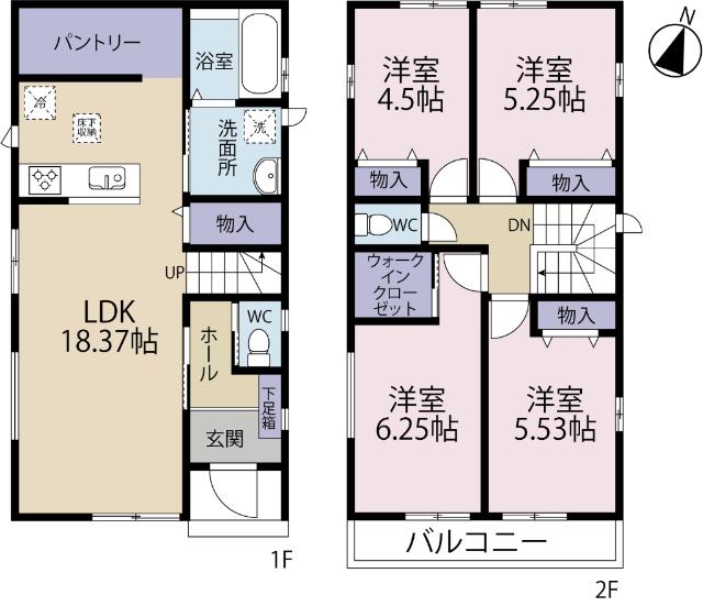 全２棟／Ｂ号棟　キッチン裏に嬉しいパントリー付き 間取り図画像