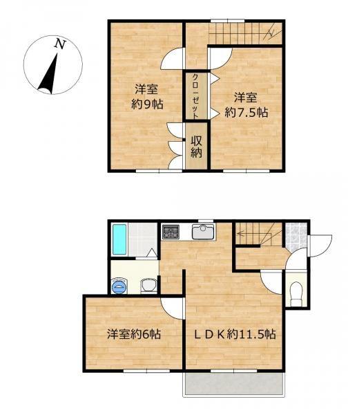 【間取図】リフォーム済です。間取は1階1部屋、2階2部屋の3ＬＤＫです。全て洋室にリフォームしました。