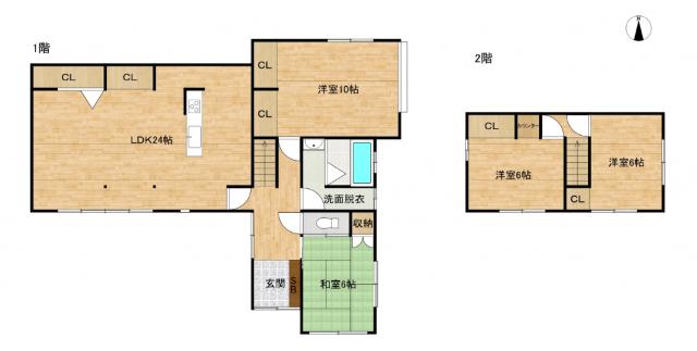 【リフォーム予定・間取り図】4LDKの2階建住宅です。1階約24帖のリビングからは広々としたお庭が見えます。1階に居室が2部屋、2階には2部屋あるので、様々な使い方が可能です。
