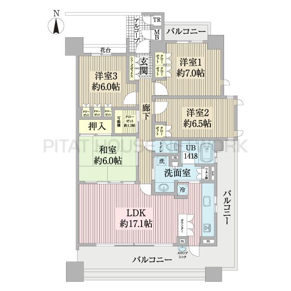 95.08㎡　４ＬＤＫ　３面バルコニー